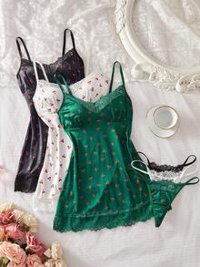 Sexy Lingerie, 3 Piecescombination Set For Women's Sexy Nightgown, Pajama Nightgown Lingerie Set, Cherry Print Lace Design - Multicolor - View 4