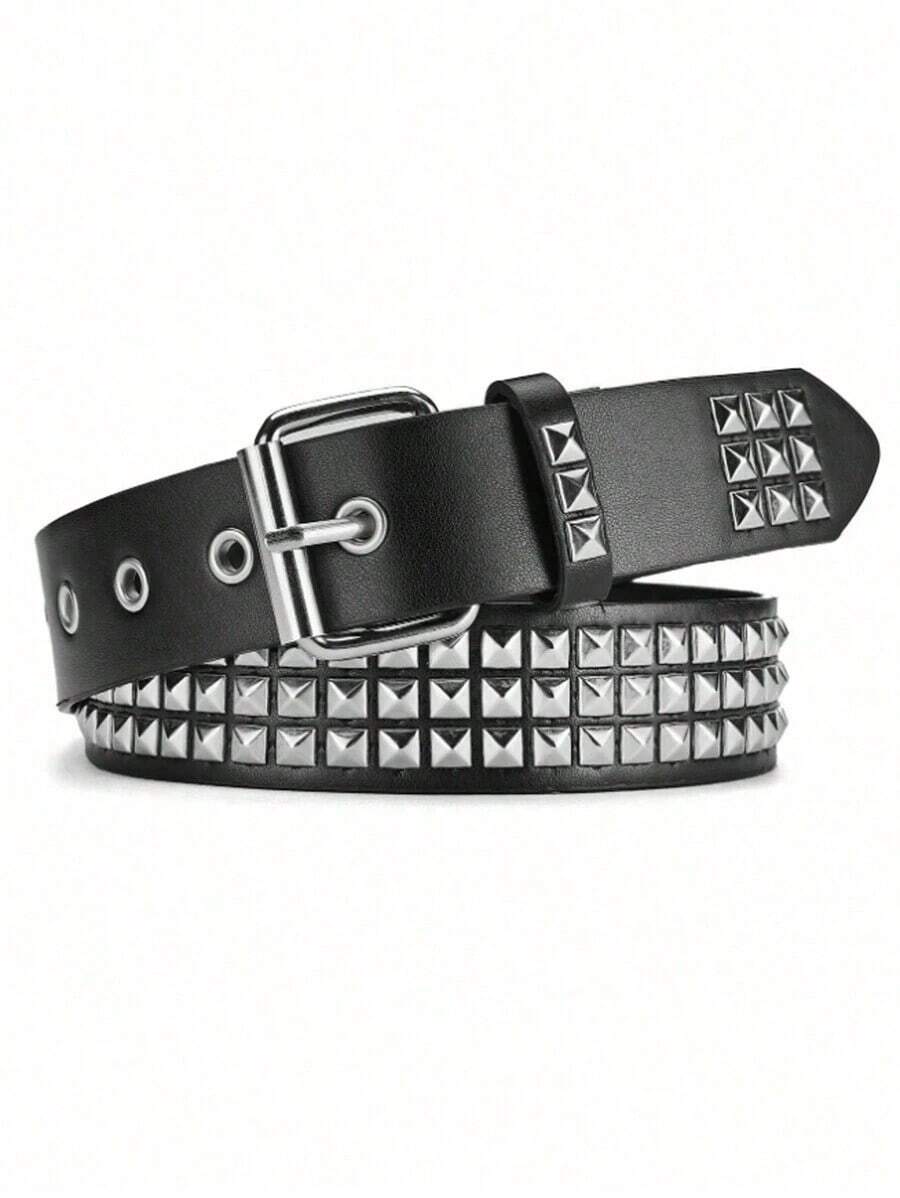 1 pieza Cinturón de estilo punk con remaches metálicos, cinturón ajustable para uso casual diario T - Negro - Ver 1