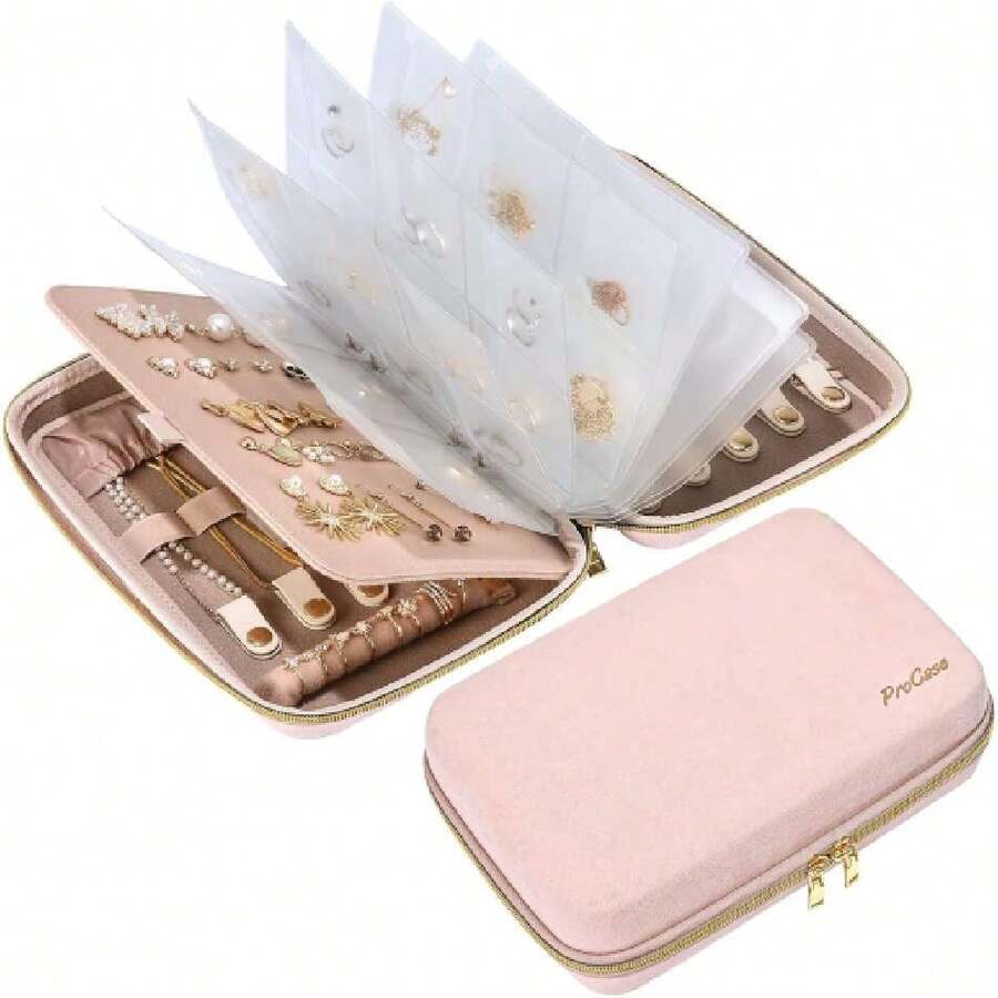 Organizador para Joyas de Viaje, Estuche para Joyería con Bolsillo Claro Joyero Portátil con Cremallera para Aretes Anillos Collares Pulseras Pendientes Prendedores -L Con hojas sueltas,Rosa,38259086 - Lila Púrpura - Ver 1