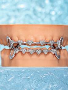2026 New Collection Of Fine Jewelry2pcs/Set Hip-Hop Hollow Out Heart Stick Diamond Double Tooth Set, Daily Street Fashion Cool Smooth Gold Teeth - Bạc - Xem 2