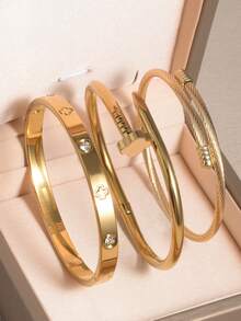 3pcs /1set Fashionable Stainless Steel High Quality Flower Zirconia Teen Nail Bangle Bracelet Jewelry Set, Suitable For Daily Wear - Multicolor - View 16