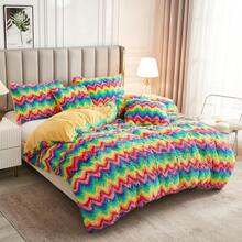 Juego de Funda de Edredón Color Crema, Terciopelo Esponjoso de Piel Sintética Tamaño Queen con Fundas de Almohada, Lavable en Casa - Zigzag arcoíris - Ver 2