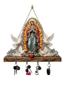 One Virgin Mary-Shaped Wooden Wall-Mounted Key Holder With Multi-Functional Hooks, Bohemian Farmhouse Style (Easy To Install). Can Be Hung On The Wall And Is Suitable For Porches, Rooms, Bedrooms, Cottages, And Various Year-Round Home Decor. - Multicolor - View 5