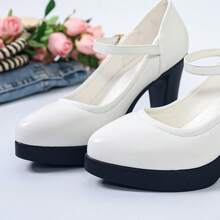 White Chunky Heeled High Heels With Buckle, Metallic Embellishments, Elegant Women's Shoes, Suitable For Everyday Commuting And Dates, Stylish And Fashionable Women's Shoes. - 白色 - 查看 5