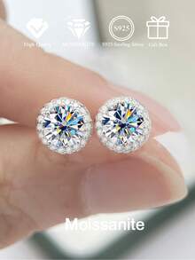 BLOVEMEE 2pcs Elegant Luxury 925 Sterling Silver 0.5-1 Carat Moissanite Stud Earrings, Suitable For Women's Daily Wear, Party, Holiday, Valentine's Day, Mother's Day, Christmas, Birthday, New Year, Wedding Anniversary, Women's Jewelry Gift - EH0148M - View 2