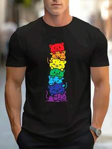 Men'S Rainbow Cat Stacked T-Shirt - Cute Multicolor Cat Design With Red, Yellow, Green, Purple, Orange, Pink, - Soft Everyday Tee For Casual, Comfortable Clothing, Playful Design, Durable Construction, Printed Top, Fashion Enthusiasts - màu đen - Xem 2