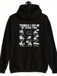 Men's Funny Fishing Hoodie With "Things I Do In My Spare Time" Slogan & Fishing Gear Graphics - Black Hooded Sweatshirt, Loose Fit Pullover For Anglers, Fishermen - Soft Machine-Washable Winter Casual Wear, Perfect Gift For Male & Female - màu đen - Xem 2