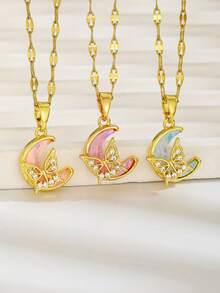 1pc Elegant Lightweight Luxury Cubic Zirconia Butterfly & Moon Pendant Stainless Steel Necklace, Suitable For Girls, Fashion For Holiday Party, Christmas, Date And Daily Wear