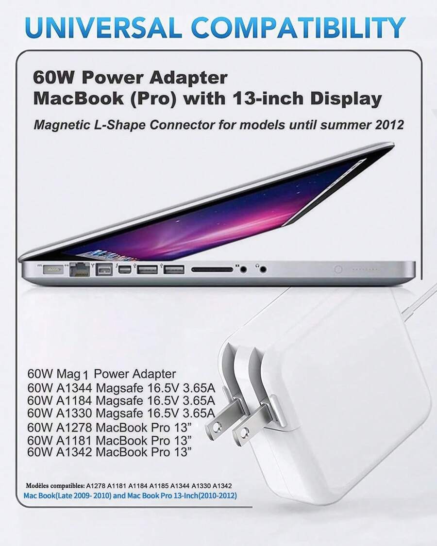 60 W adaptador de corriente compatible con modelos de 13 pulgadas (modelos antes de mediados de 2012) - Tipo de Enchufe A USA (110-127V) - Ver 1