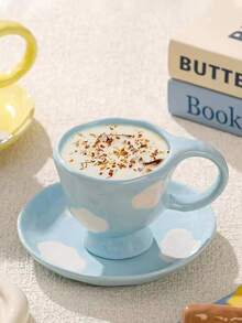 1pc Cute Blue Sky & White Cloud Ceramic Coffee Cup & Saucer Set, Lovely Cartoon Stemware, Birthday Blessing, Party Supplies, Gift For Boyfriend Or Girlfriend - Multicolor - View 10