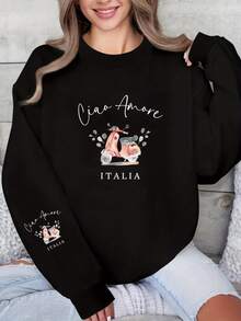 Women's Italian-Themed Oversized Sweater Sweater - Italian Flag & Scooter Print, Soft Stretchy Polyester, Round Neck Long Sleeve Pullover, All-Season Casual Sweater For Italy Lovers (Machine Washable) - 黑色 - 查看 2