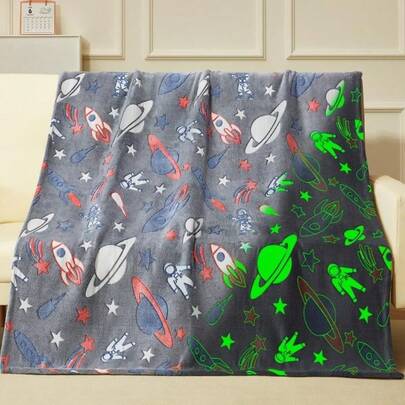 1pc Soft, Lightweight & Warm Flannel Glow-In-The-Dark Blanket With Star, Planet, Universe, Astronaut Patterns - Suitable For All Seasons, Great For Sofa, Bed, Office Nap, Dates, Holidays Gift
