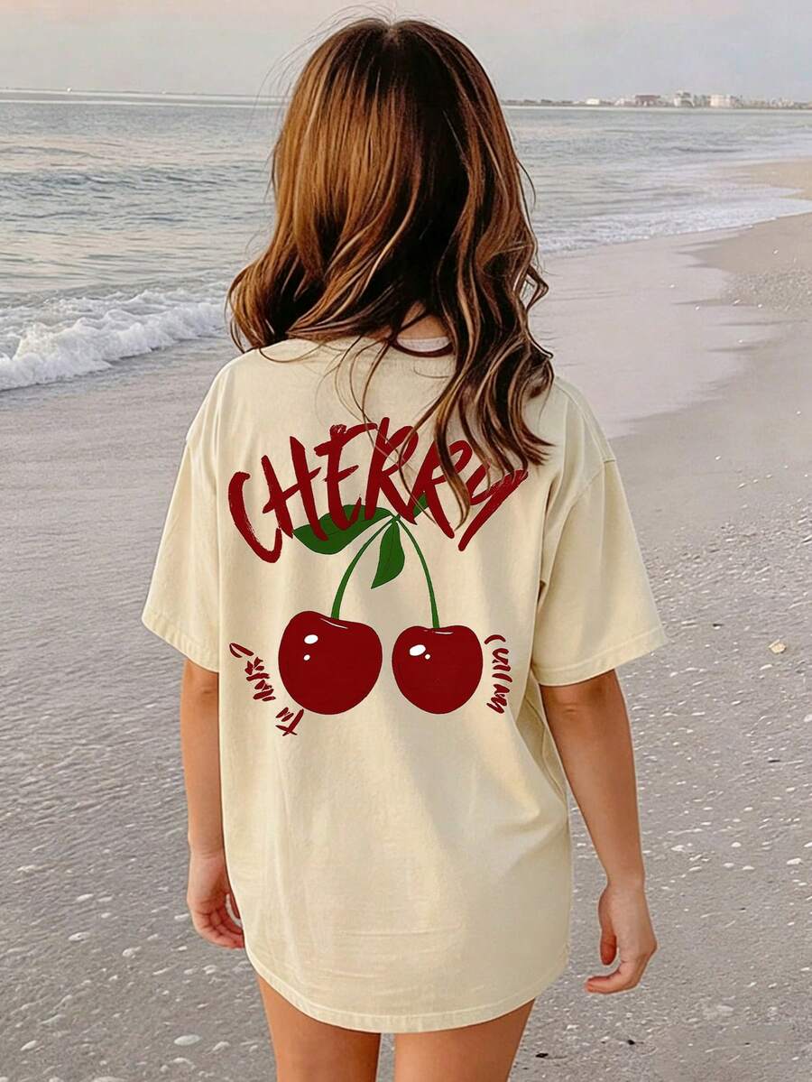 Camiseta de manga corta con cuello redondo y estampado casual para niñas preadolescentes, top de verano - Albaricoque - Ver 1