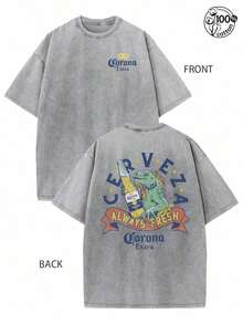 Graphic Tee With A Lizard Holding A Beer;Corona Extra , Always Fresh;Retro Washed T-Shirt With Double-Sided Printed (230G Pure Cotton T-Shirt);Crew Neck, Short Sleeves, Regular Fit, Casual Wear With Design, Streetwear For Men, Men's Fall Clothes, Vintage T-Shirt,Unisex - 灰色 - 查看 1