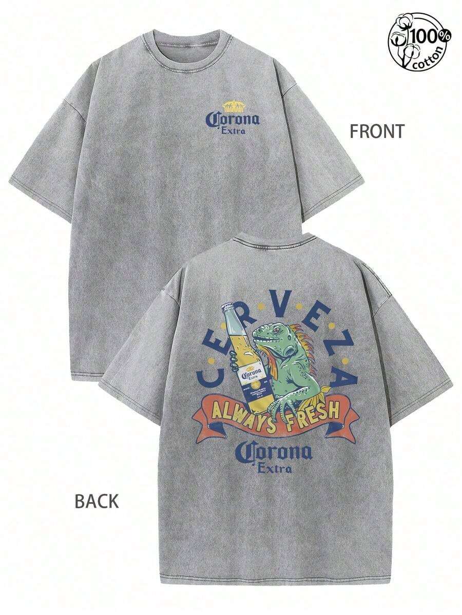 Graphic Tee With A Lizard Holding A Beer;Corona Extra , Always Fresh;Retro Washed T-Shirt With Double-Sided Printed (230G Pure Cotton T-Shirt);Crew Neck, Short Sleeves, Regular Fit, Casual Wear With Design, Streetwear For Men, Men's Fall Clothes, Vintage T-Shirt,Unisex - 灰色 - 查看 1
