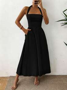 Unadoll 女士春夏连衣裙，露背吊带、拉链和褶裥设计，休闲优雅，是海滩、度假、约会、音乐节、情人节、生日和派对的完美之选。黑色 - 黑色 - 查看 7