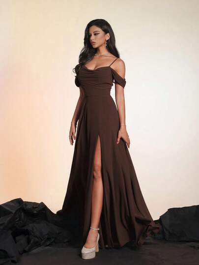 Smilprince纯色高开衩露肩长款正式礼服，伴娘礼服