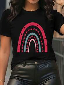 T-shirt casual da donna a maniche corte, con stampa a cuore arcobaleno, collo a equipaggio, stile estivo e ampio, abbigliamento casual di strada - nero - Visualizzare 6