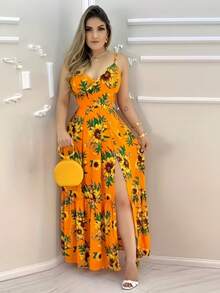 Đầm maxi dài in hoa toàn thân, kiểu dáng bohemian, xẻ tà cao, thích hợp cho tiệc tùng, đi biển hoặc du lịch mùa hè. - trái cam - Xem 2