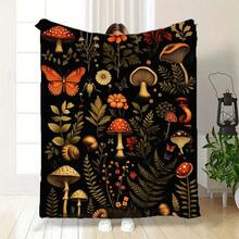 Nature-Themed Mushroom & Flower Print Blanket, Whimsical Forest Ecosystem Design With Butterfly/Snail/Beetle - Lightweight For Picnics, Camping, Decor, Held By Couple - Vibrant Black Background, - 白色 - 查看 7