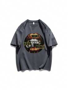 Camiseta de manga corta de cuello redondo con estampado de labios y eslogan, nueva para primavera/verano, de uso casual, versátil y esencial para el uso diario y las vacaciones - Gris Oscuro - Ver 5