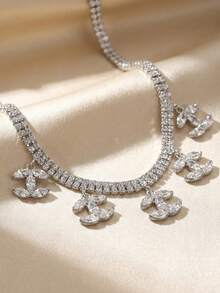 Sparkly Rhinestone Choker Necklace For Women, Silver Tone Double Row Tennis Chain With Crystal Dangling Charms, Bling Y2K Statement Jewelry For Wedding Party Prom Gift - Multicolor - View 6