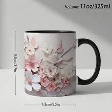 1 Piece Elegant Floral Coffee Cup & Tea Cup - 11oz Ceramic Cup, Pink & White Flower Butterfly Design, Dishwasher  - Suitable For Home, Office Or Gift - Birthday, Mother's Day Gift - Durable Ceramic Construction - Black - View 3