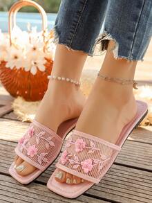 2026 New Fashion Women Square Toe Pink Open Toe Flat Sandals, Mesh Breathable, Handmade Beaded & 3D Sequin Flower Decor Outdoor Slippers - Pink - View 4