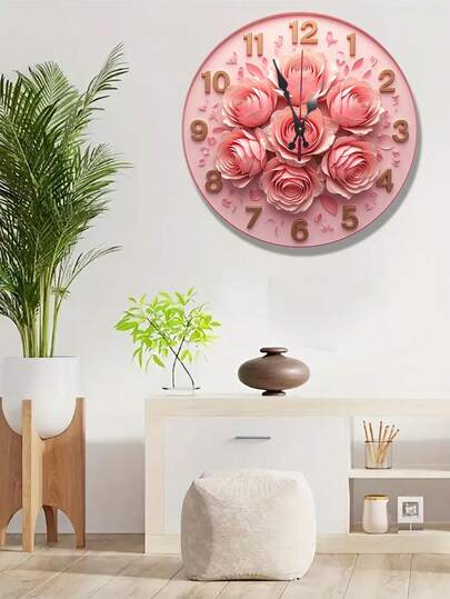 [12 Inch, Pink Roses Design Wall Clock Quartz] 2D Flat Style Pink Roses Wall Clock - Quartz Movement, AA Battery Not Included - Home Decor, Living Room, Dormitory, Kitchen, Gift.