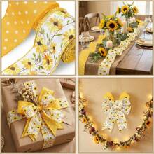 2 Rolls Floral Ribbon With Wire, 2.5 Inch Wide X 10 Yards Long, Total 2 Rolls; Yellow Rain Boot Pattern Spring Ribbon, Plaid And Polka Dot Print, Suitable For Summer Crafts, Gift Wrapping, Wreaths, Bows, Basket Decor - Yellow - View 3
