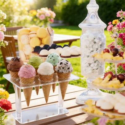 6-Hole Acrylic Ice Cream Cone Holder, Black/Clear Paper Cupcake Display Stand For Waffles, Cones, Sushi, Popcorn, Party, Self-Serve, Birthday, Wedding