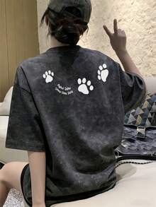 Japanese Style Women's Loose Round Neck Fashionable Versatile Letter & Cartoon Dog Print Tie-Dye Short Sleeve T-Shirt, Spring/Summer - Black - View 2