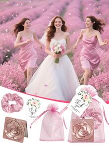 4件套粉色玫瑰折叠化妆镜及发圈套装，包含感谢卡和束口袋，适合作为新娘婚礼回礼、单身派对礼物、生日礼物、返校礼物、母亲节礼物、情人节礼物、发圈、发绳。 - 彩色 - 查看 2