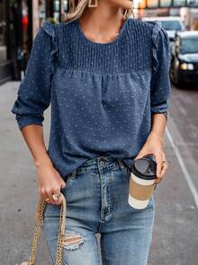 Oulis Flower Pattern Embroider Ruffle Sleeve Shirt, Romantic And Wedding Season, Wedding Season, Vintage Style, Modest, Solid Color, Suitable For Dinner - Blue - View 3