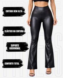 Calça Flare Bailarina Em Cirre Imita Couro Brilho Fosco Cintura Alta Com Bolsos Elegante Casual WOLFOX Feminino - Preto - Visão 2