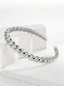 Charm-In Women's Gold-Plated Braided Texture Open Bangle, Fashion Jewelry For Daily Outfit, Party Accessories, Great Gift For Girlfriend, Best Friend, Holiday - Silver - View 1