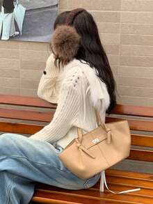 时尚大容量梯形设计奢华PU皮革女士单肩包，设计师款别致锁扣手提包，高品质腋下包 - 黑色 - 查看 9