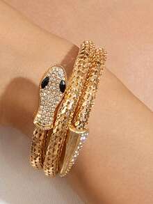 1pc Fashionable & Elegant Rhinestone Encrusted Snake Design Wrap Bracelet, Women's Fashion Accessory - Gold - View 4