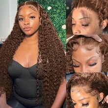 Chocolate Brown Kinky Curly Lace Front Wigs Human Hair For Women Pre Plucked With Natural Hairline 13x4 Deep Curly Brown Glueless Wig Transparent Lace Frontal Wigs - S4 - 查看 3