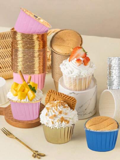 5/10pcs Pink & Gold Round (No Lid) Aluminum Foil Baking Cups - Heat Resistant Cupcake Liners For Muffins, Cheesecakes And Brownies, Ideal For Halloween, Christmas, Birthday And Fall Parties