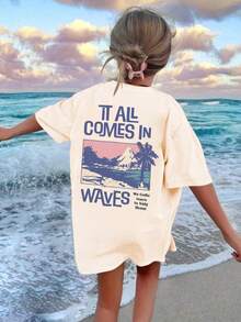 Camiseta de manga corta con cuello redondo y estampado casual para niñas preadolescentes y estudiantes, top de verano - Albaricoque - Ver 8