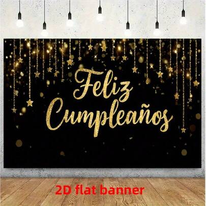 2D Flat, 2D Flag Banner, 1pc Spanish Birthday Party Banner, 150*100/180*110cm - Polyester Black & Gold Birthday Celebration Banner, Designed With Luxurious Gold Dotted Pattern On Top, Suitable For Birthday Party Decoration