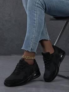 女士舒适气垫厚底运动鞋，圆头系带休闲增高鞋 - 黑色 - 查看 3