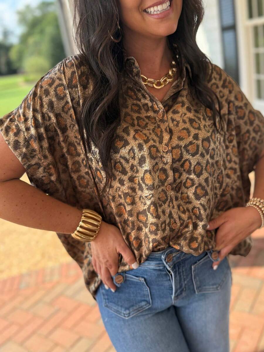 Acelitt 夏季女士休闲上衣，金色金属豹纹印花宽松纽扣翻领短袖衬衫 - 彩色 - 查看 1