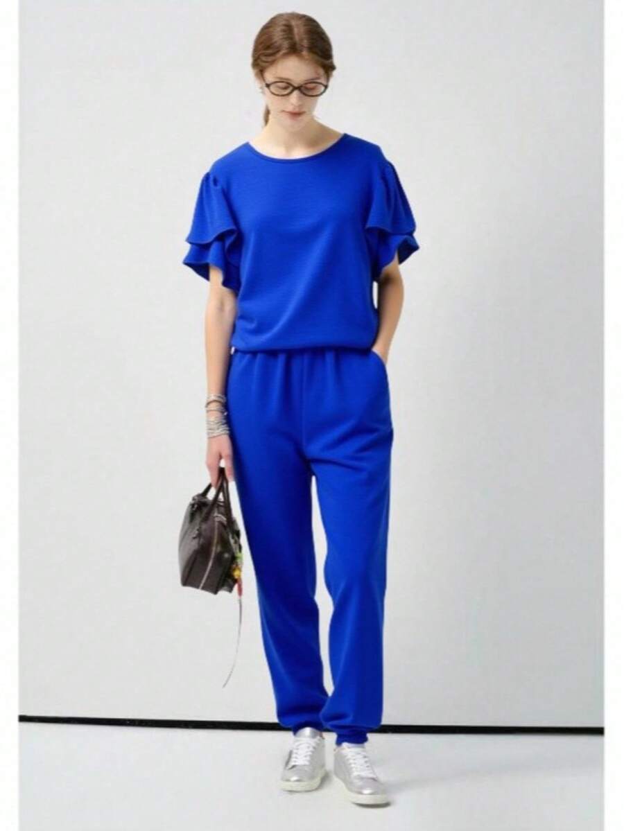 Conjunto Feminina Duna Manga curta Calça Jogger Verão Primavera - Azul - Visão 1