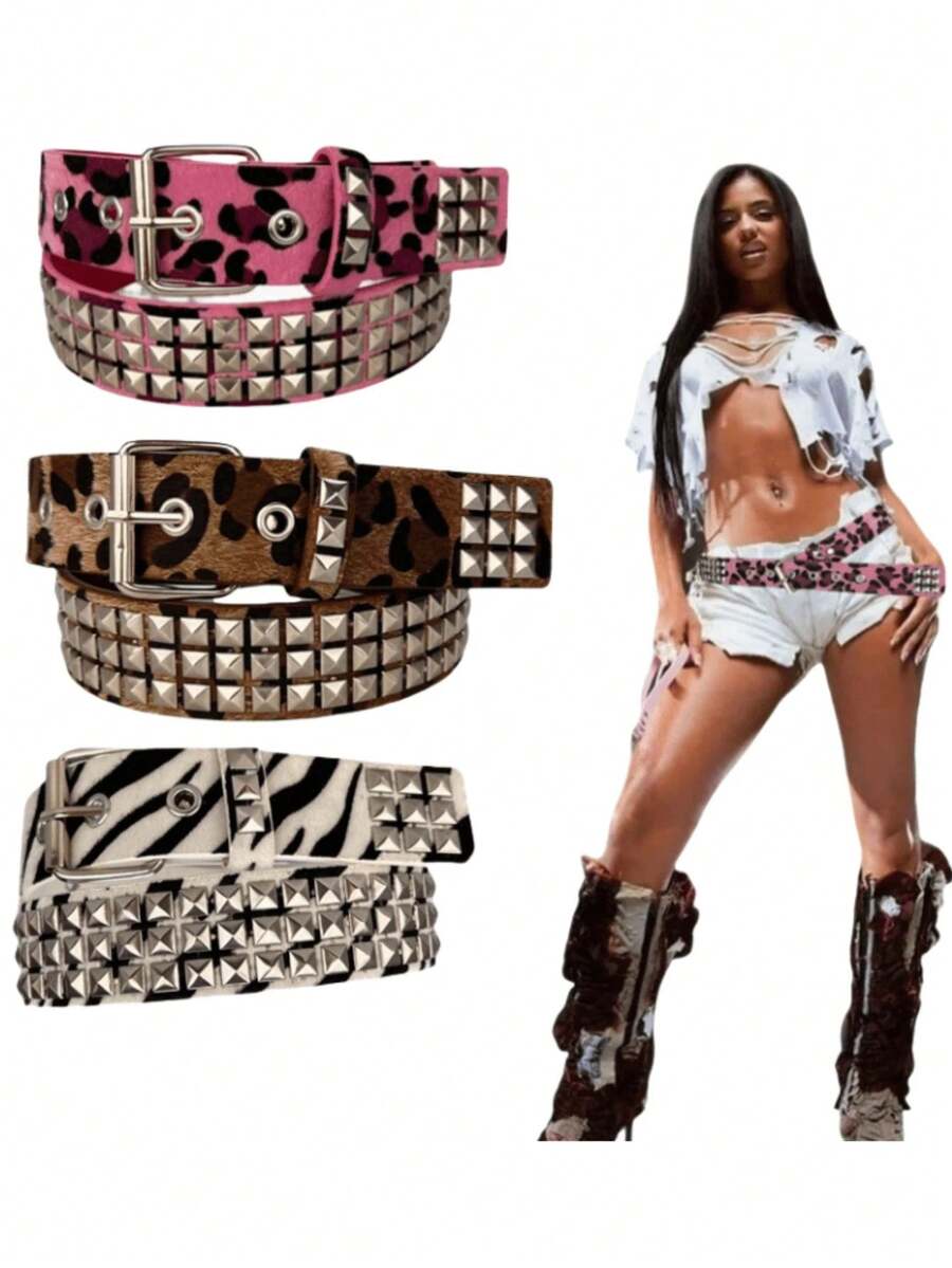 Zebra, Leopard Print Belt, Gothic Punk Rivet & Bead Decor Waist Belt, Available In Multiple Sizes, Suitable Jeans, Fuzzy Belts Summer, School Fall, Autumn, Halloween - 粉色 - 查看 1