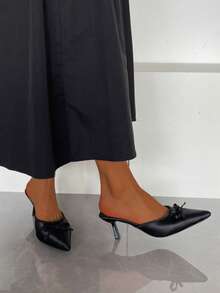 Fashionabla spetsiga tåsandaler med rosett, höga klackar för kvinnor, bekväma mångsidiga sandaler med stängd tå och rygglösa ryggar - Svart - Visa 7