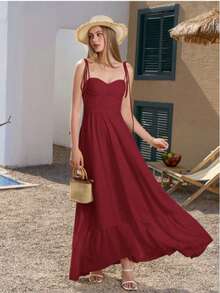 Long Dress With Tie Straps, No Padding, With Elastic At The Back, MARRANT Fabric, Spring/Summer, Suspender Style With Laces, Elegant, Beach, Off-The-Shoulder, Long, Loose, Layered Skirt, Boho, Sexy, Backless, Casual, Stylish. - Màu Đỏ Sâu - Xem 4