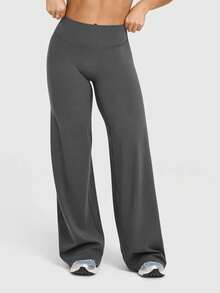 Estos pantalones de yoga de pierna ancha de unicolor son cómodos y estilizadores, adecuados para correr, hacer ejercicio y realizar diversas actividades de yoga. - Gris - Ver 12