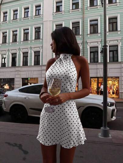 Women's Polka Dot Bohemian Elegant Woven Fabric Backless Tie Front Fashion Versatile Vacation Date Back To School Party Dress, Spring/Summer White